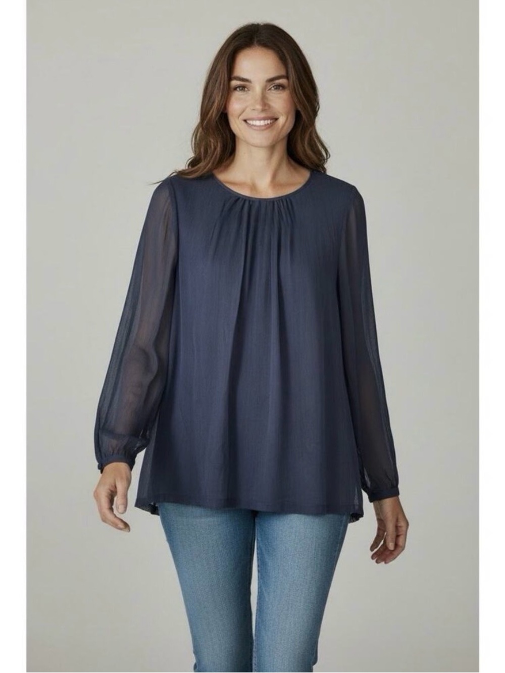 Boden | Navy Blue "Eve" Boho Sheer Sleeves Tunic Blouse Top | Size 6